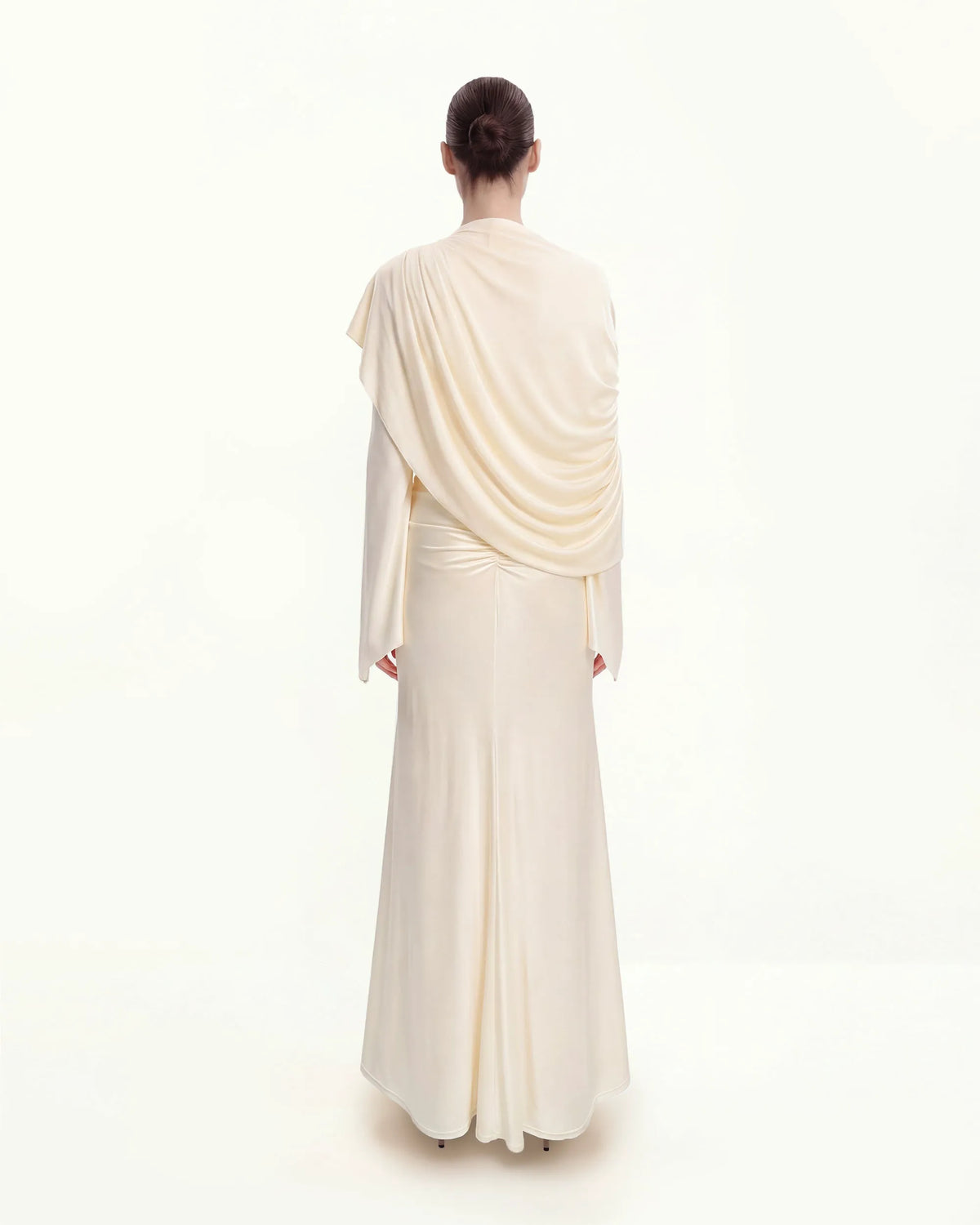 Sheer Shawl Ruched Bodycon Maxi Gown - Cream