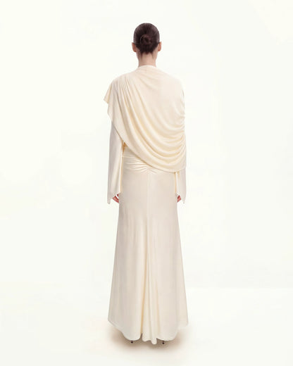 Sheer Shawl Ruched Bodycon Maxi Gown - Cream