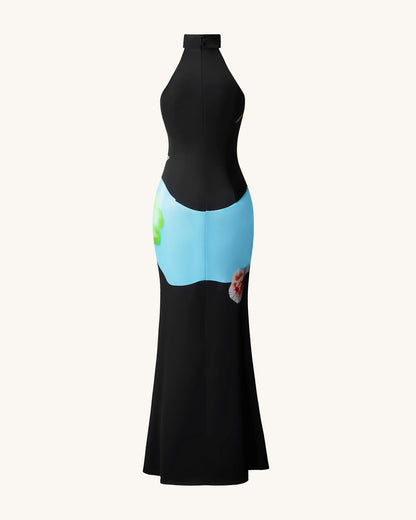 Floral Satin Halter Dress - Multicolor Black