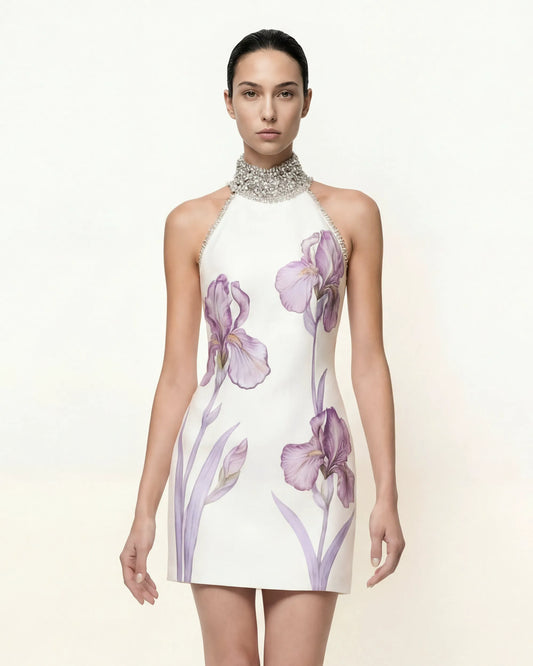 Jeweled Halter Iris Motif Dress - White