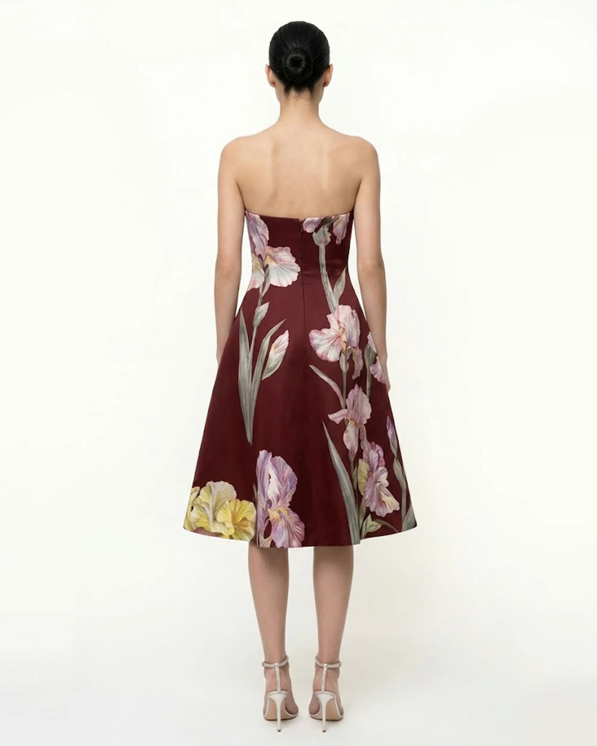 Iris Floral Print Strapless A-Line Dress - Burgundy