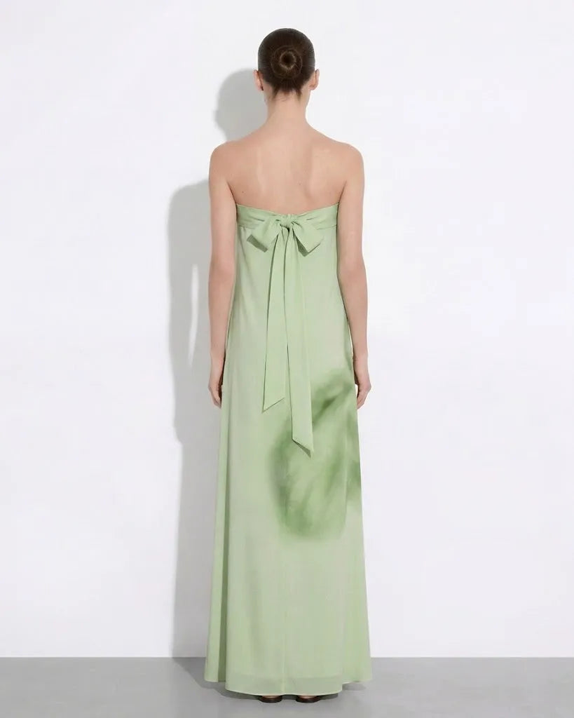 Watercolor Floral Print Strapless Maxi Dress - Green