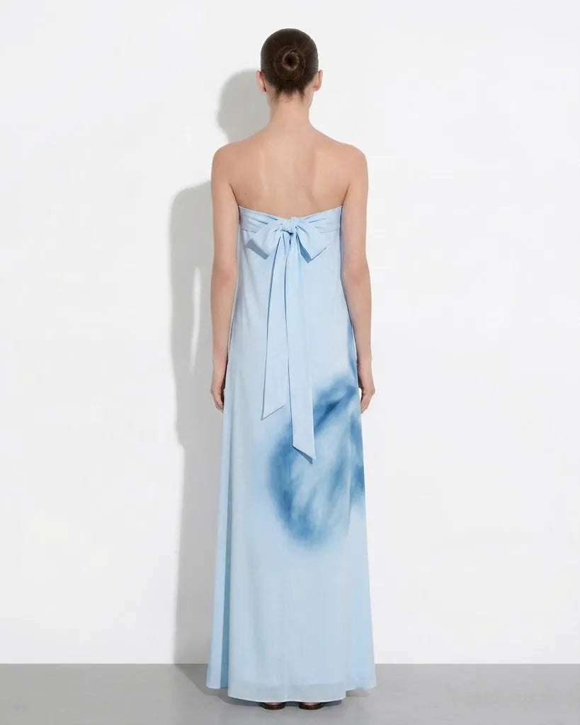 Watercolor Floral Print Strapless Maxi Dress - Blue