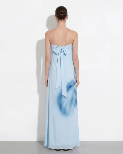 Watercolor Floral Print Strapless Maxi Dress - Blue
