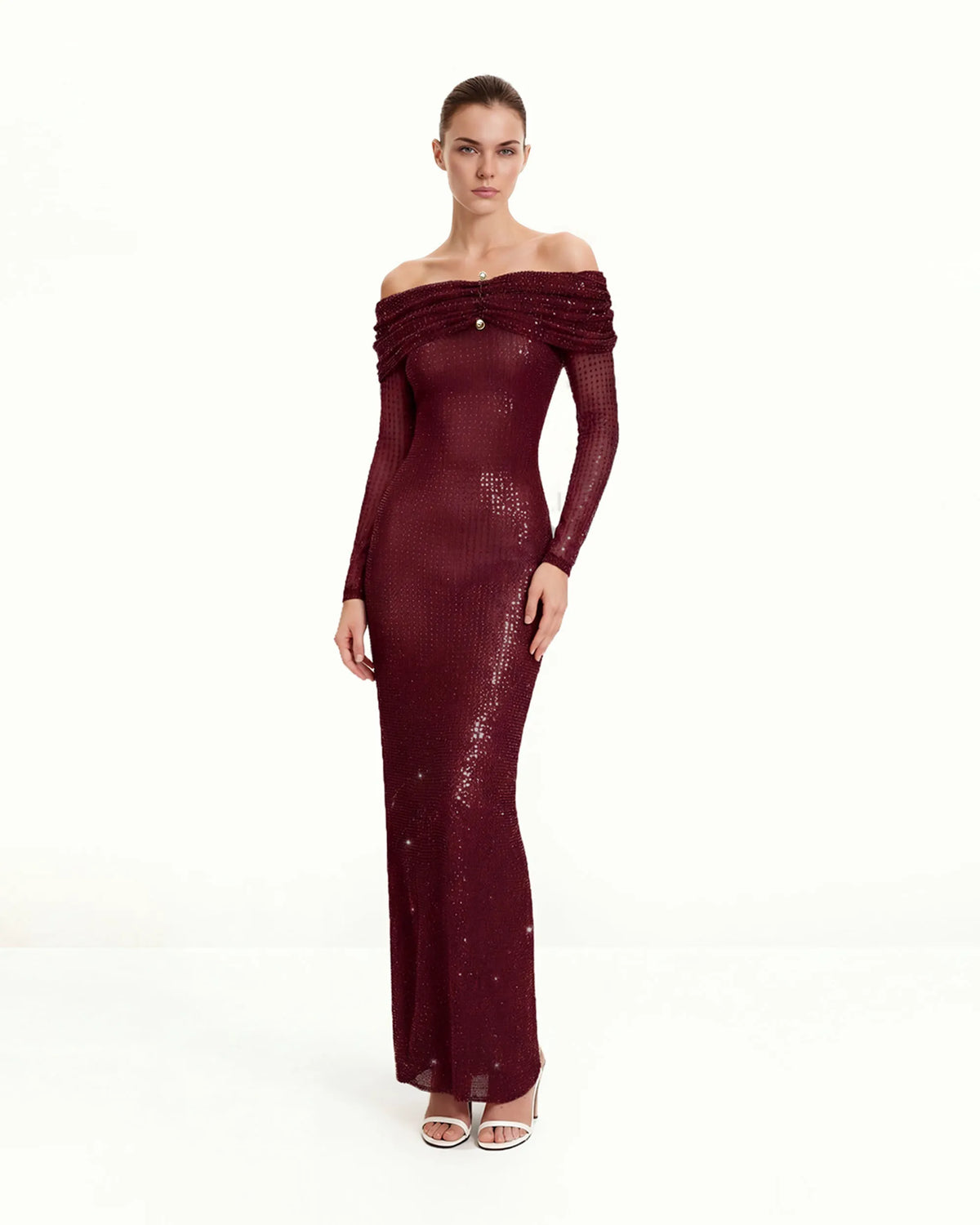 Rhinestone Mesh Off-Shoulder Maxi Dress - Claret