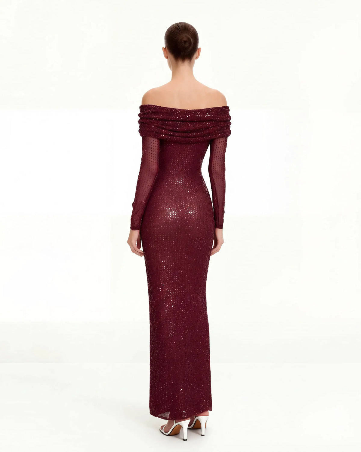 Rhinestone Mesh Off-Shoulder Maxi Dress - Claret