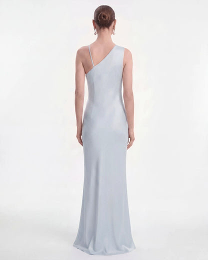 Floral Appliqué One Shoulder Maxi Dress - Light Blue