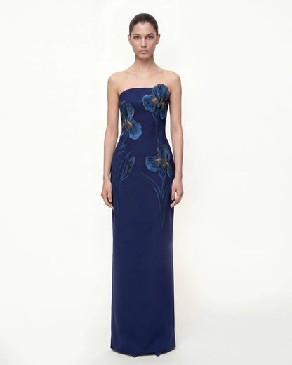 Iris Embroidered Strapless Maxi Dress - Navy Blue