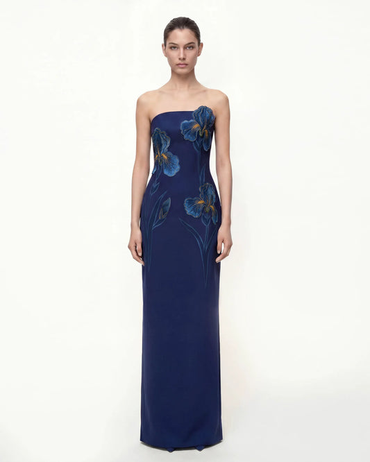 Iris Embroidered Strapless Maxi Dress - Navy Blue