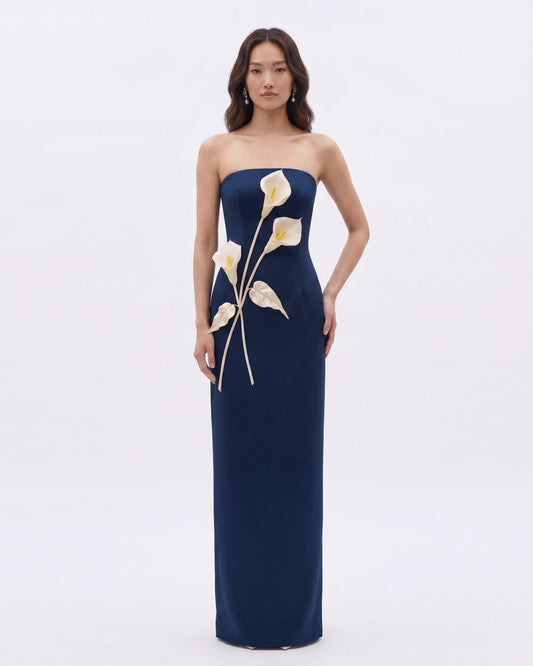Floral Appliqué Strapless Dress - Navy Blue