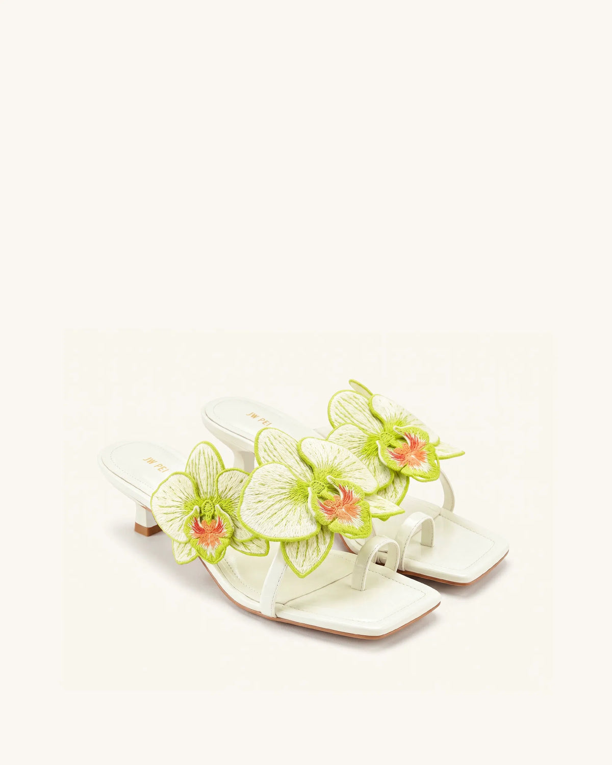 Serena Orchid Embroidered Toe Ring Heeled Sandals - Ivory Green