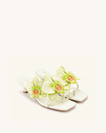 Serena Orchid Embroidered Toe Ring Heeled Sandals - Ivory Green