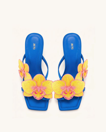Serena Orchid Embroidered Toe Ring Heeled Sandals - Royal Blue