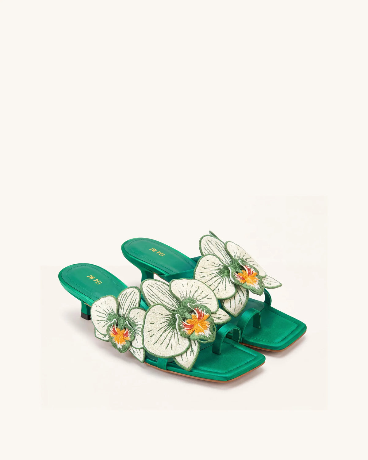 Serena Orchid Embroidered Toe Ring Heeled Sandals - Emerald Green
