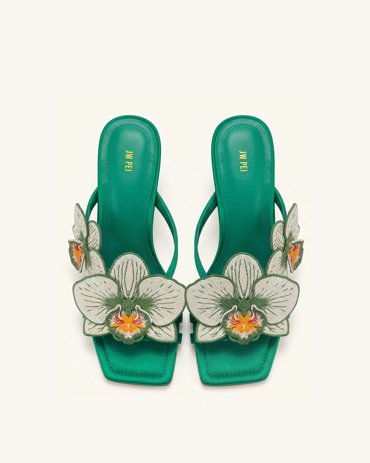 Serena Orchid Embroidered Toe Ring Heeled Sandals - Emerald Green
