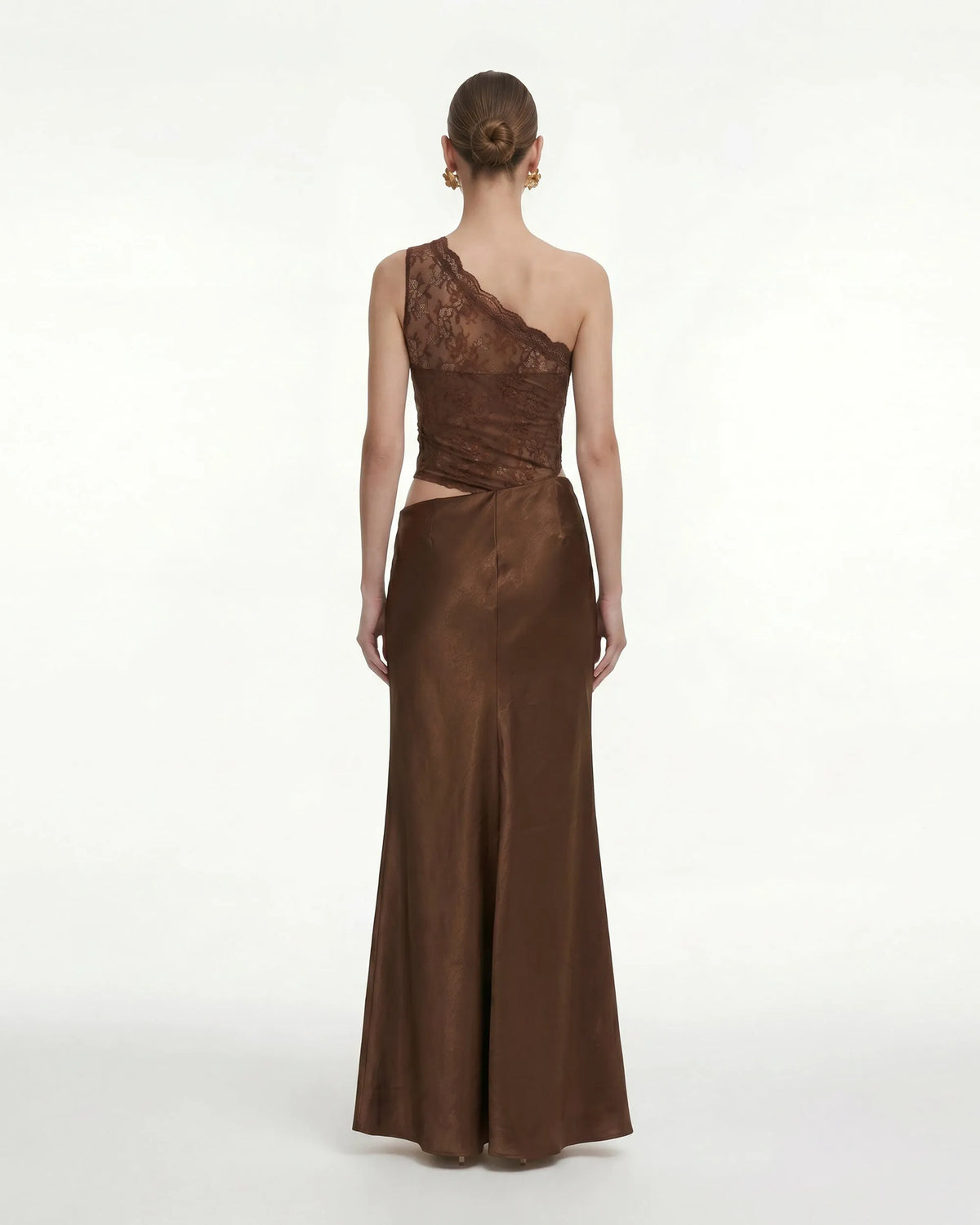Floral One Shoulder Satin Dress - Brown