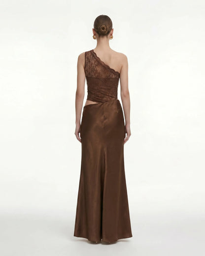 Floral One Shoulder Satin Dress - Brown
