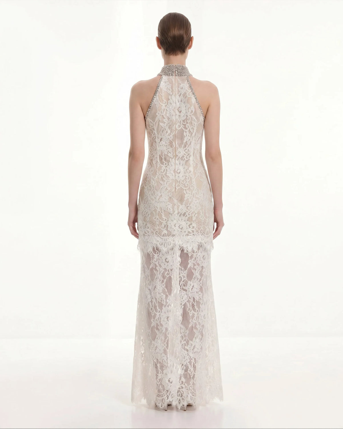 Jeweled Lace Halter Dress - White