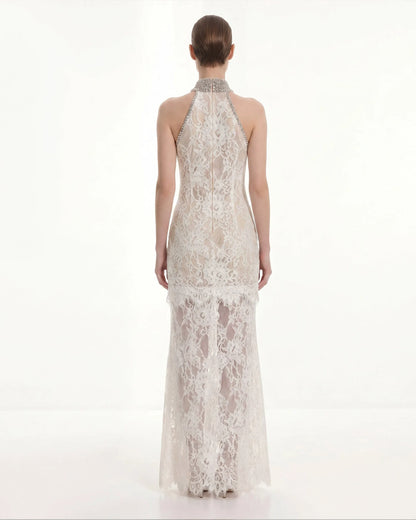 Jeweled Lace Halter Dress - White