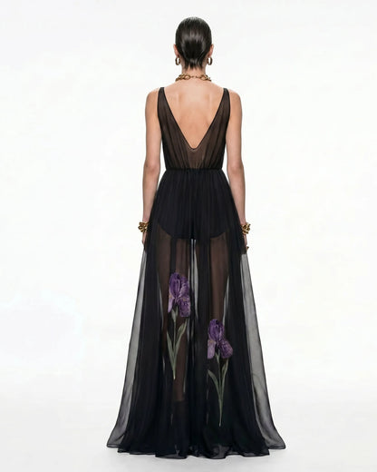 Sheer Floral Print Maxi Dress - Black