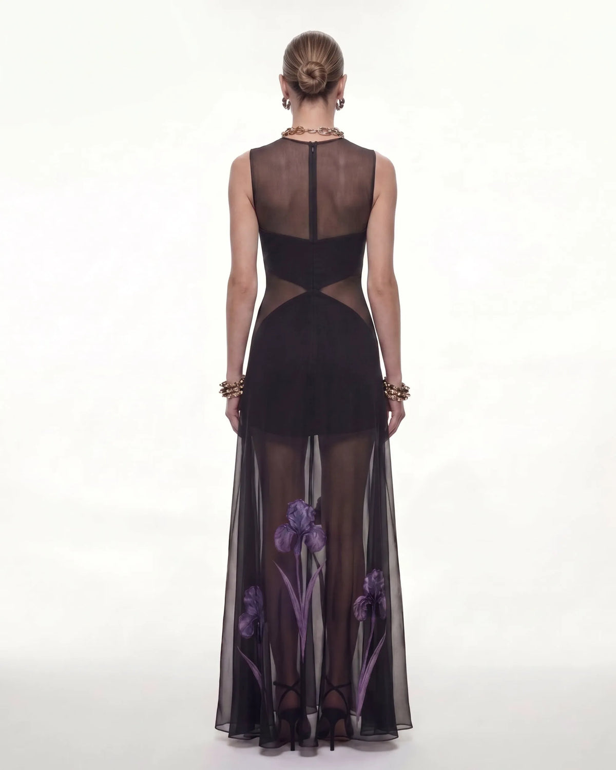 Sheer Floral Print Paneled Maxi Dress - Black
