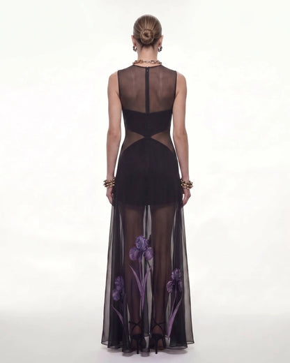 Sheer Floral Print Paneled Maxi Dress - Black