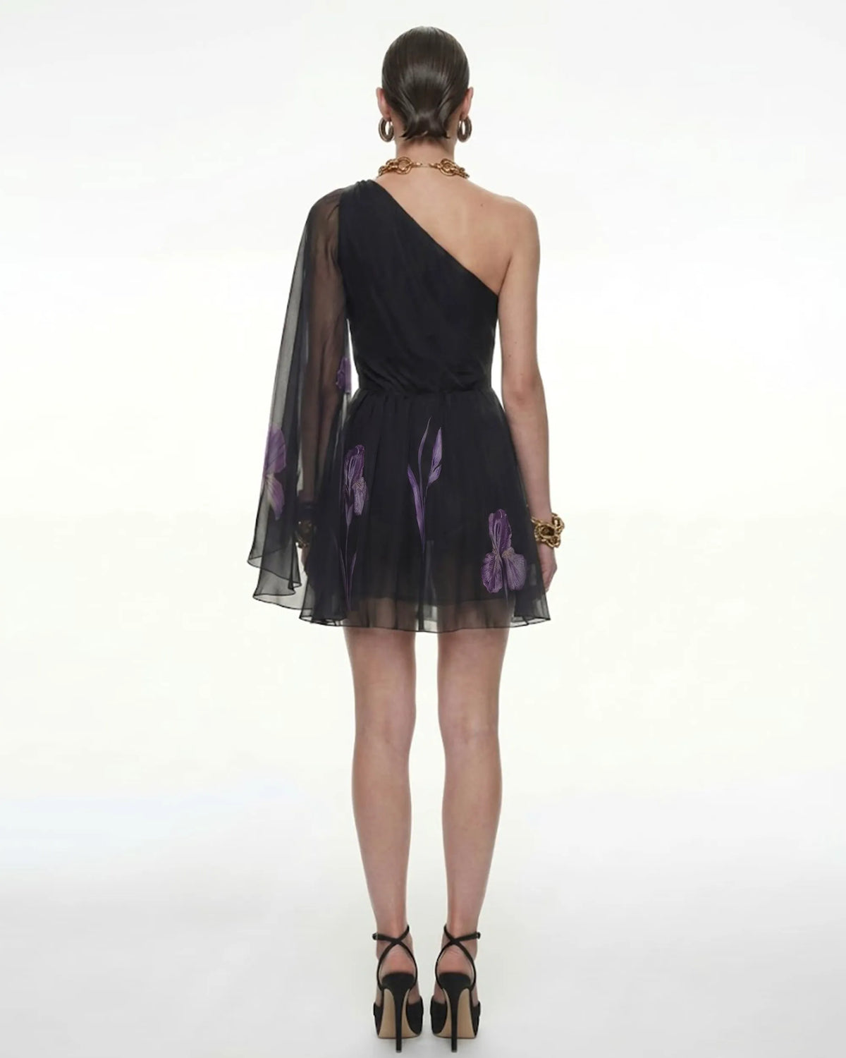 One Shoulder Floral Mesh Dress - Black