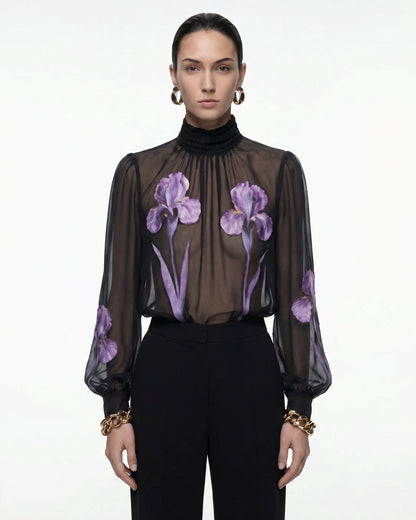 Iris Print Sheer High Neck Blouse - Black/Purple