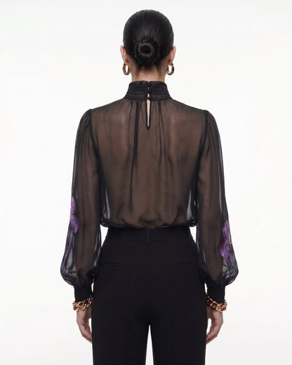 Iris Print Sheer High Neck Blouse - Black/Purple