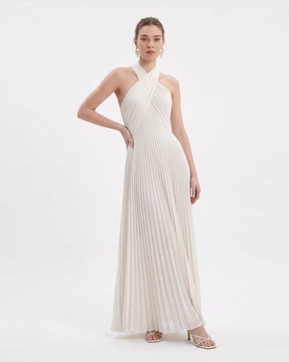 Pleated Cross Halter Maxi Dress - Ivory