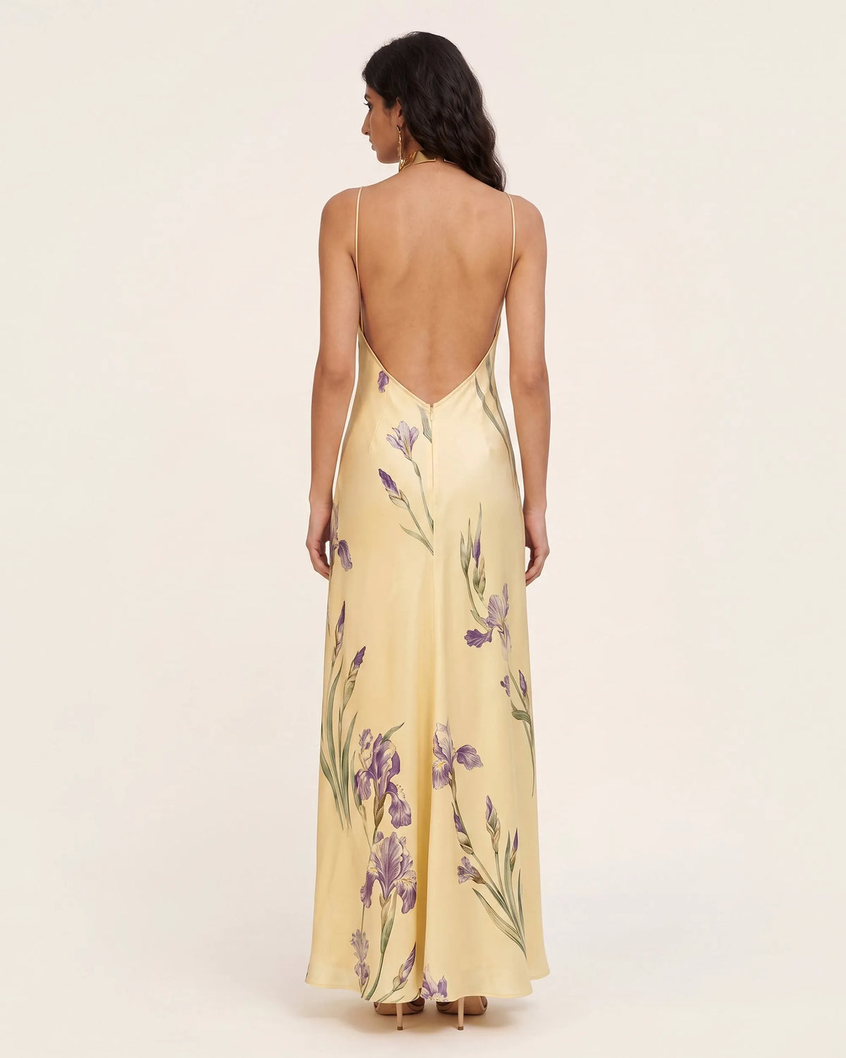 Iris Print Cross-Halter Open-Back Maxi Dress - Yellow