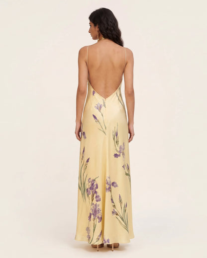 Iris Print Cross-Halter Open-Back Maxi Dress - Yellow