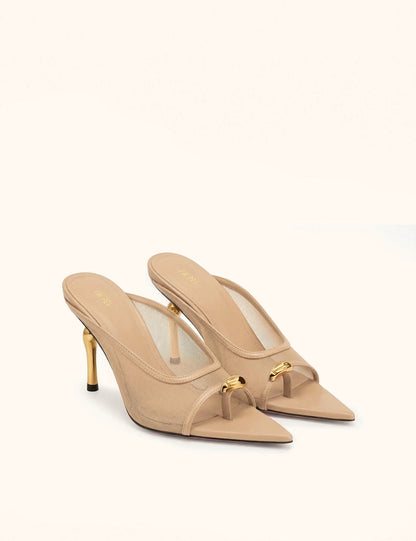Noemi Pointed-Toe Mesh Mule Heels - Khaki