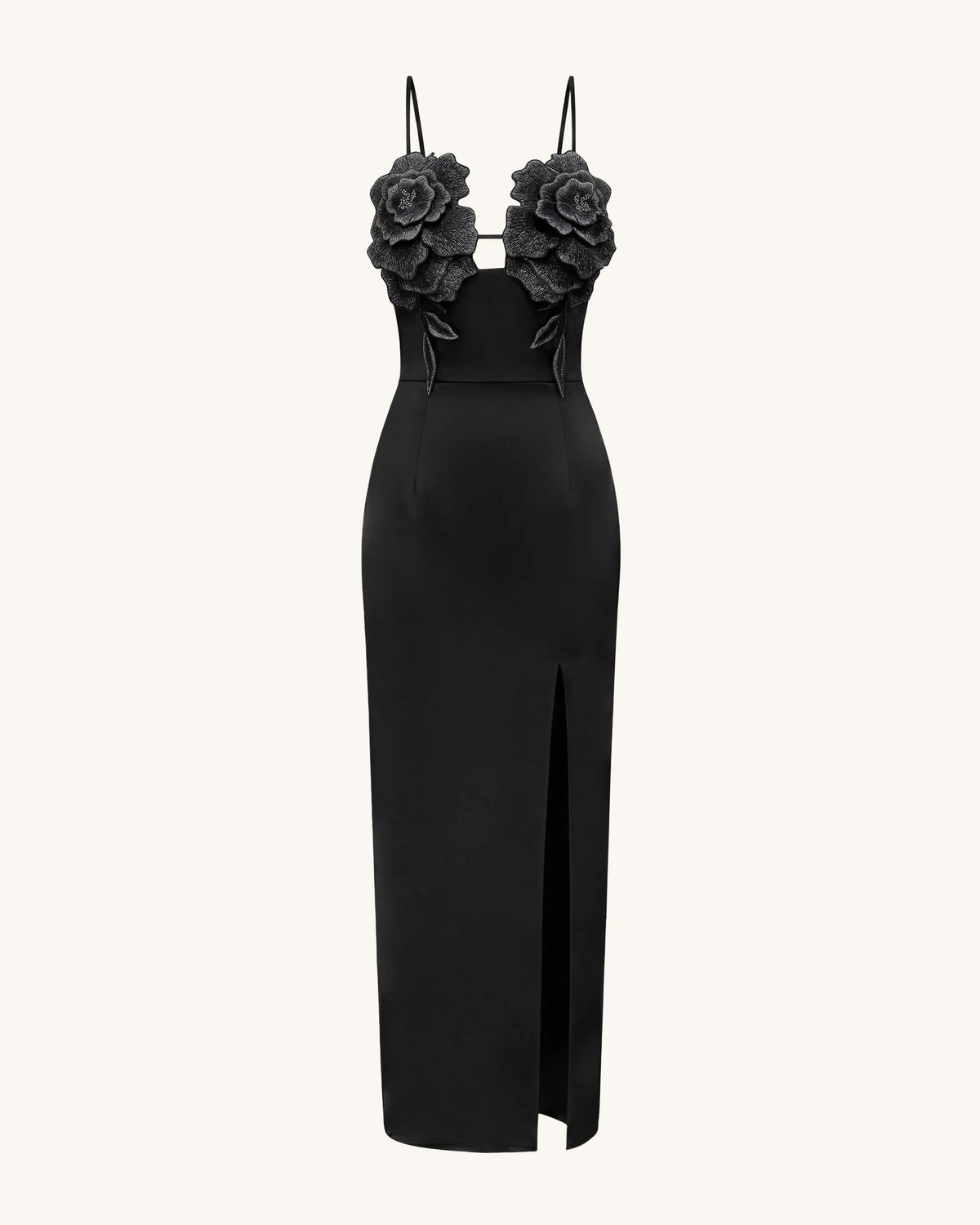 3D Floral Strappy Maxi Dress - Black