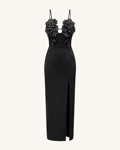 3D Floral Strappy Maxi Dress - Black