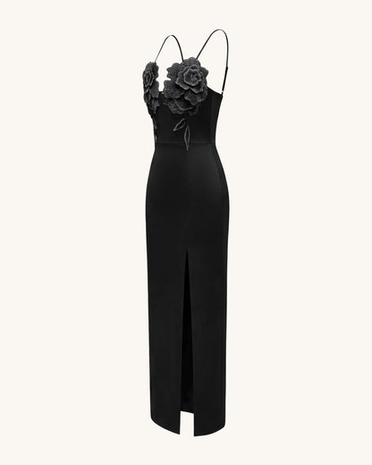 3D Floral Strappy Maxi Dress - Black