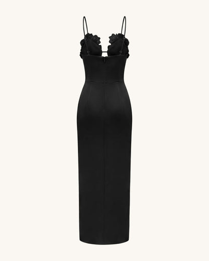 3D Floral Strappy Maxi Dress - Black