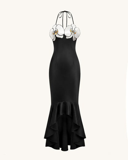 Orchid Embroidered High-Low Midi Dress - Black