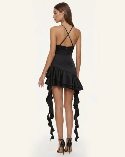 Orchid Embroidered Ruffle Hem Mini Dress - Black