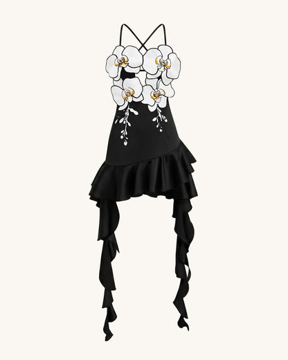 Orchid Embroidered Ruffle Hem Mini Dress - Black