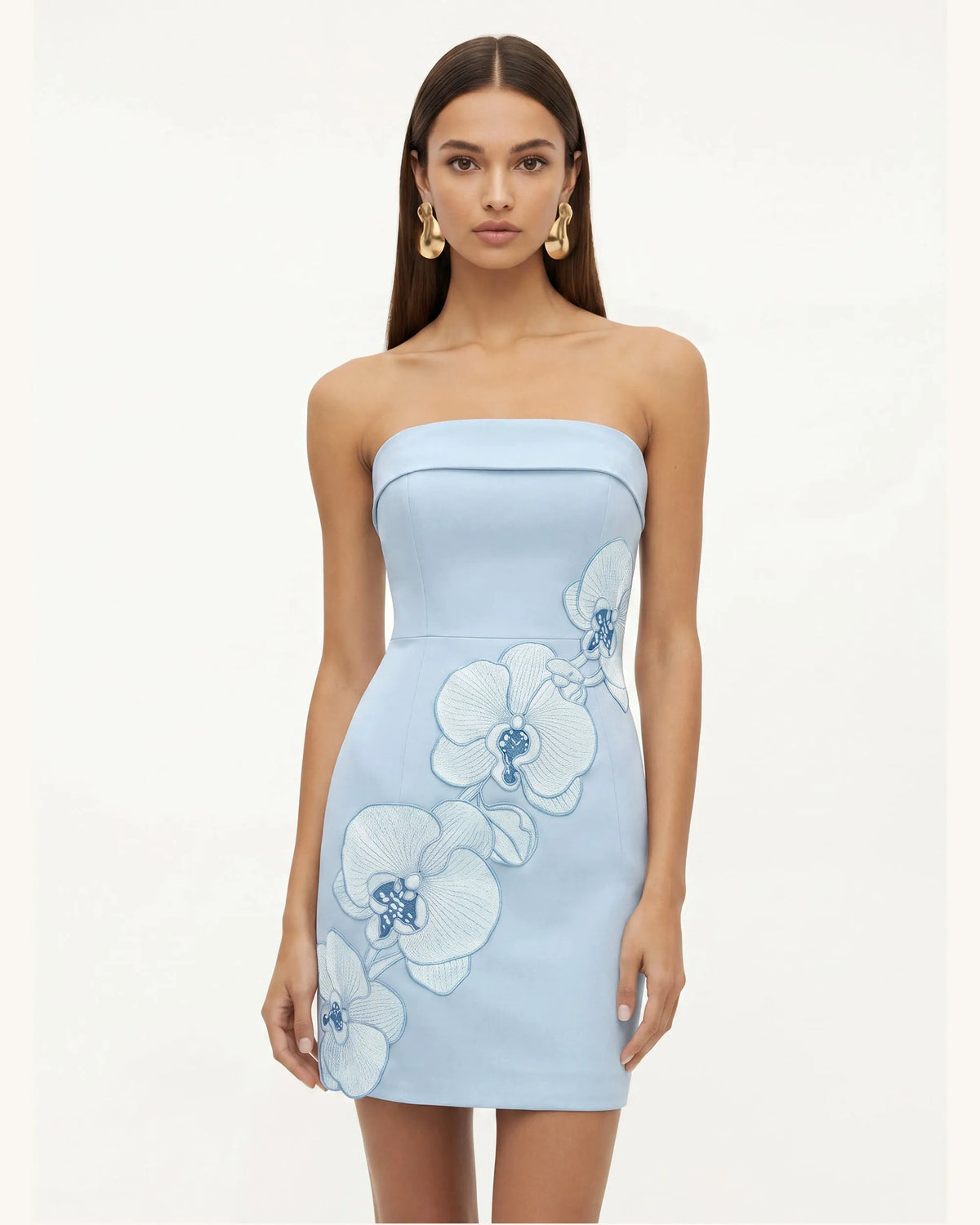 Orchid Embroidered Strapless Sheath Midi Dress - Light Blue