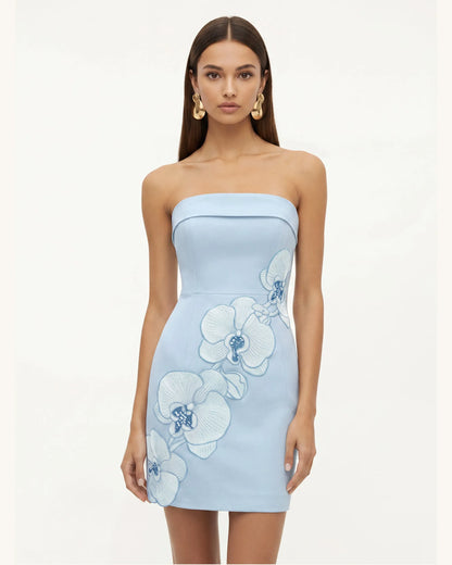Orchid Embroidered Strapless Sheath Midi Dress - Light Blue