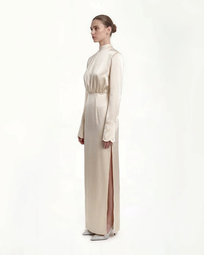 Structured Shoulder Design Satin High-Neck Fitted Maxi Dress - Cream