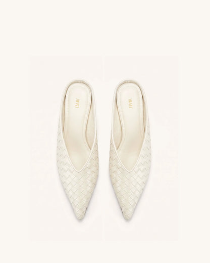 Helena Woven Textured Pointed Toe Mules - Beige