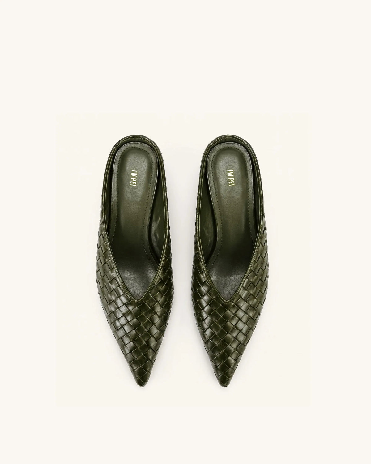 Helena Woven Textured Pointed Toe Mules - Olive Green