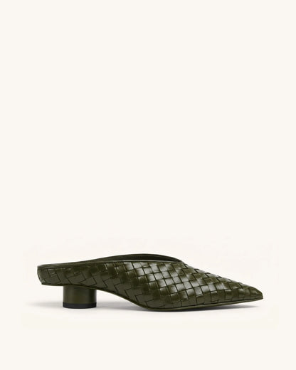 Helena Woven Textured Pointed Toe Mules - Olive Green