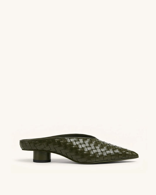 Helena Woven Textured Pointed Toe Mules - Olive Green