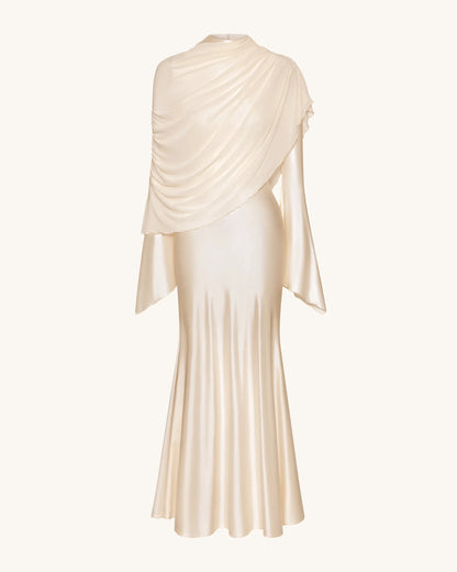 Sheer Shawl Ruched Bodycon Maxi Gown - Cream