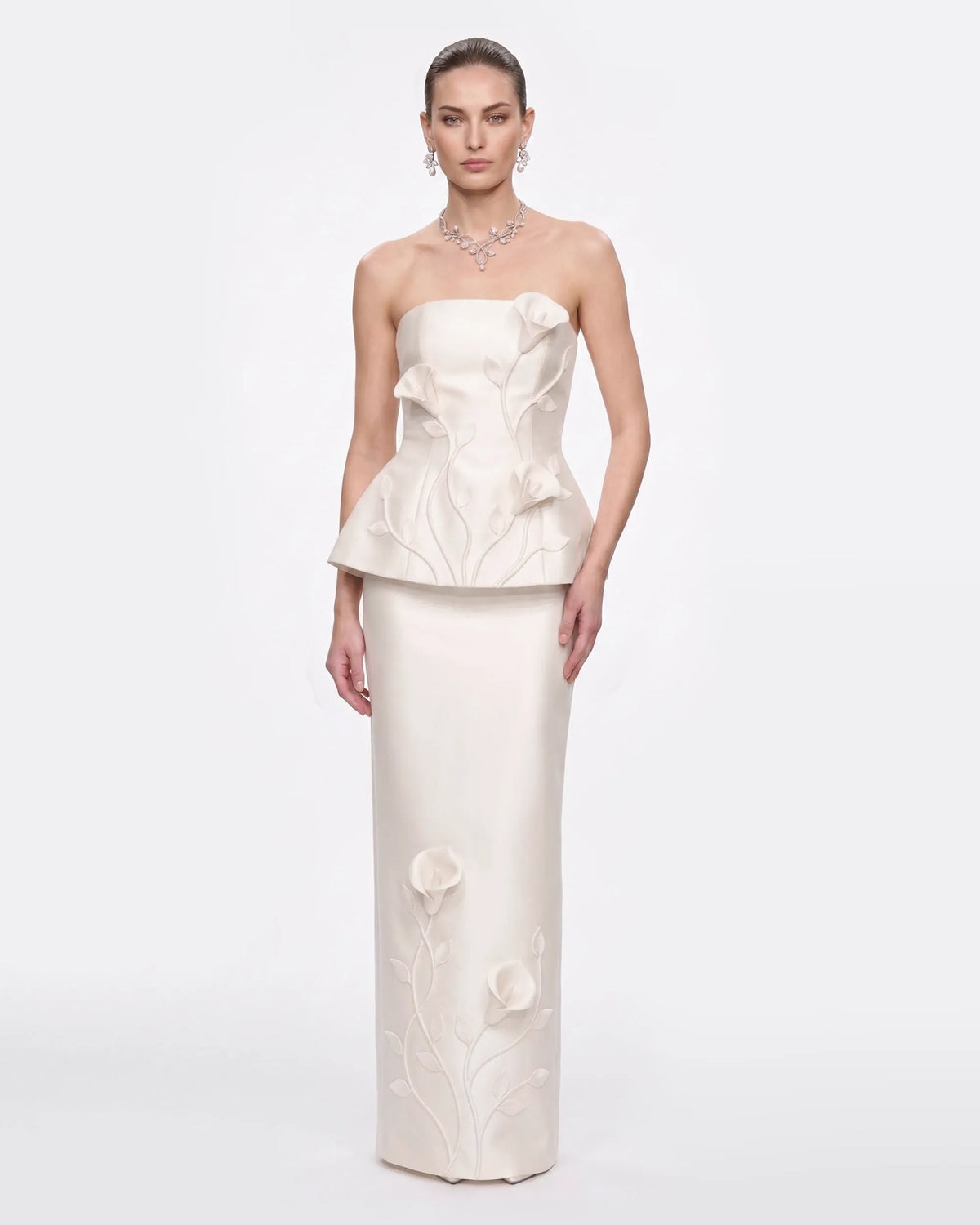Floral Appliqué Vine Maxi Skirt - White