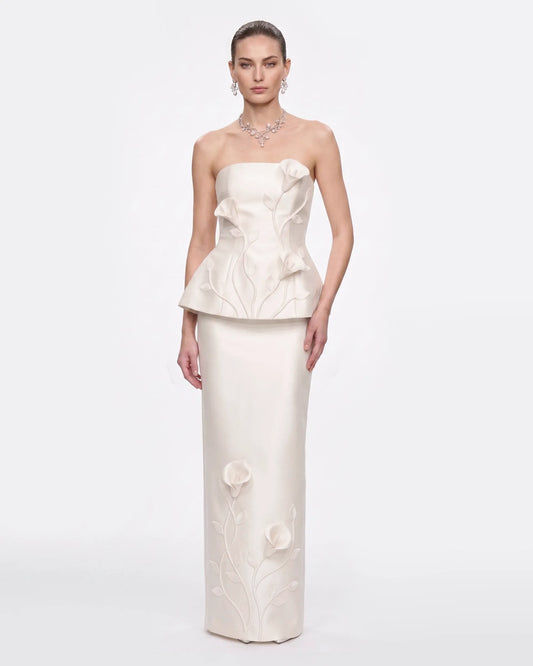 Floral Appliqué Vine Maxi Skirt - White